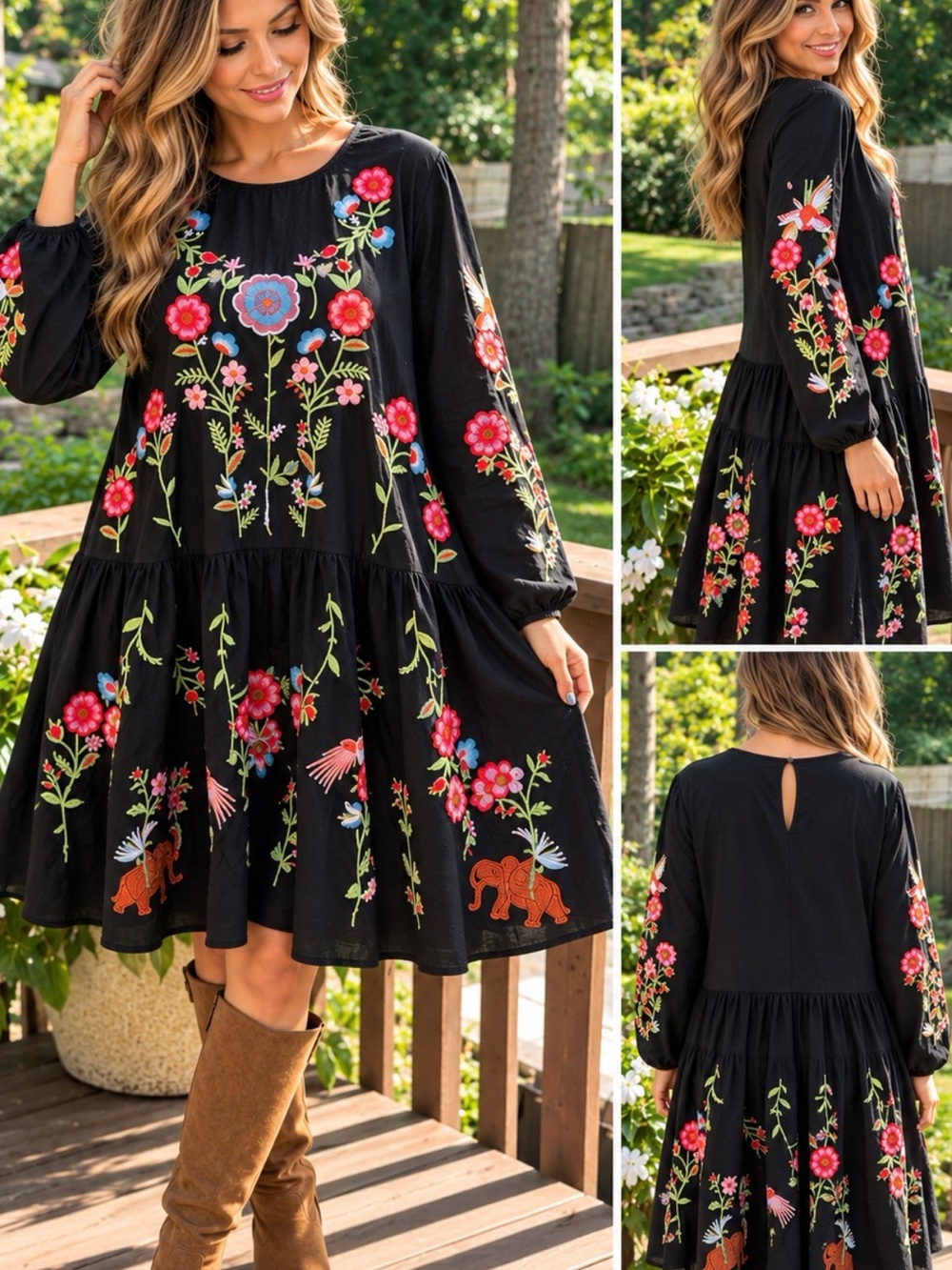 Neiman Marcus Black Floral Embroidered Elephant Bell Sleeve A-Line Dress XL